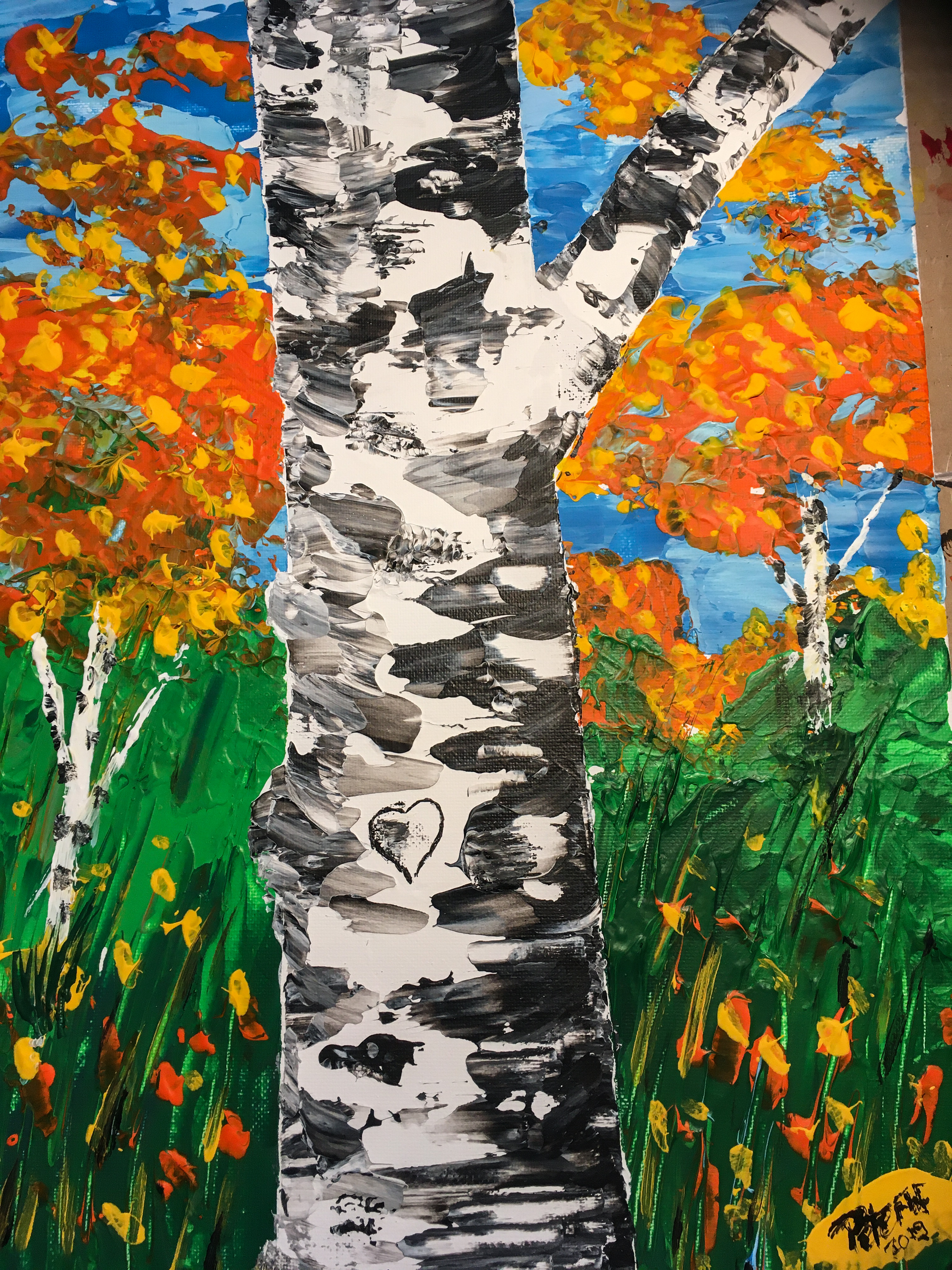 Birke im Herbst, Acyl auf Malkarton 40 x 30 cm