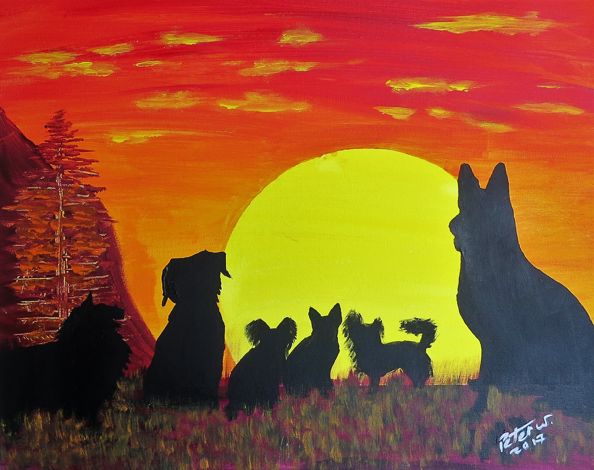 Das Hunderudel. Acryl auf Malkarton 50 x 40cm verkauft 
