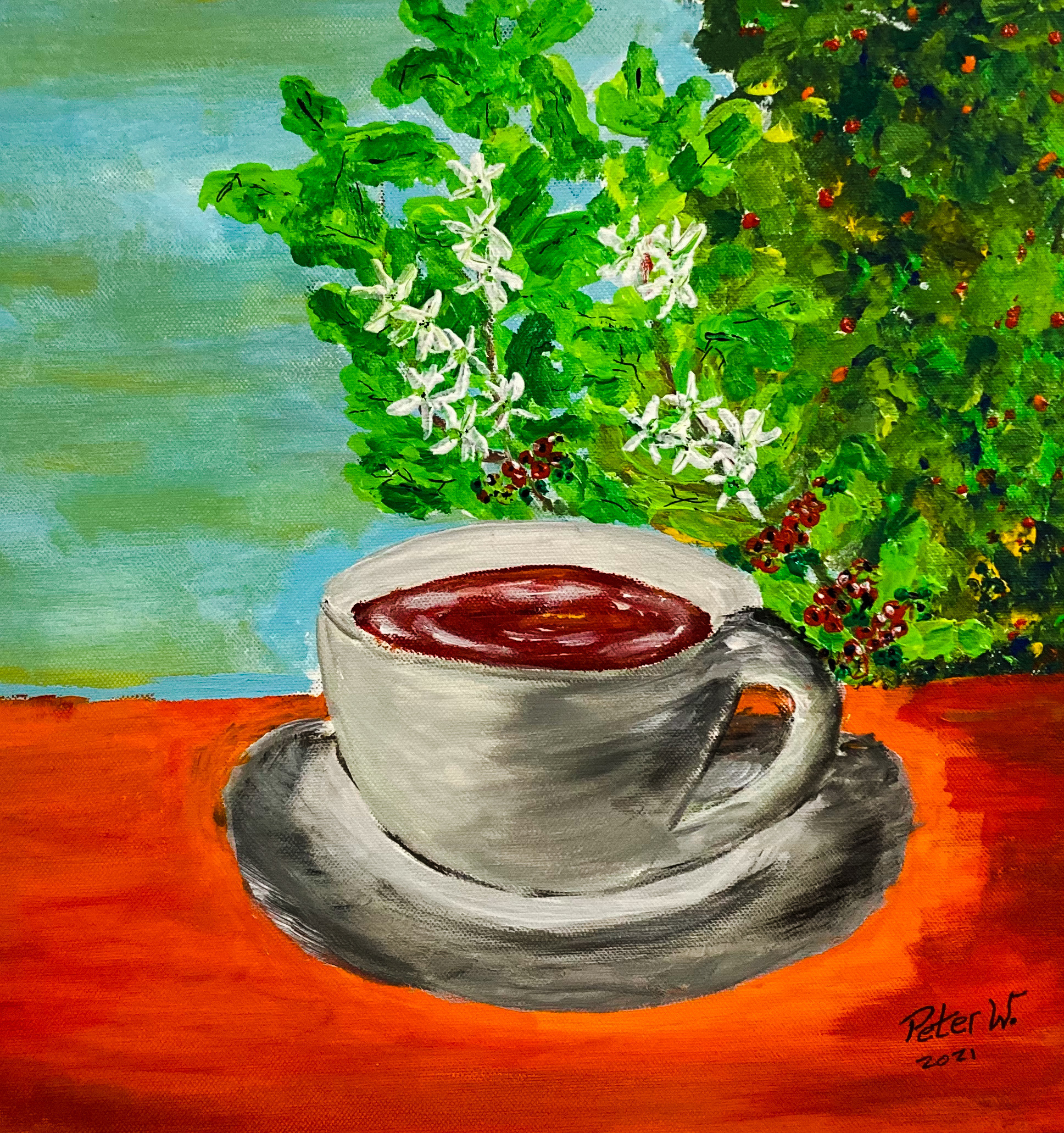 Der Kaffee ist fertig, Acryl auf Leinwand 40x40 cm (verkauft)