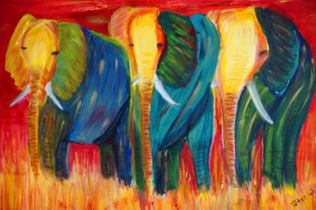 Drei Elefanten 2012 Acryl Ölkreide