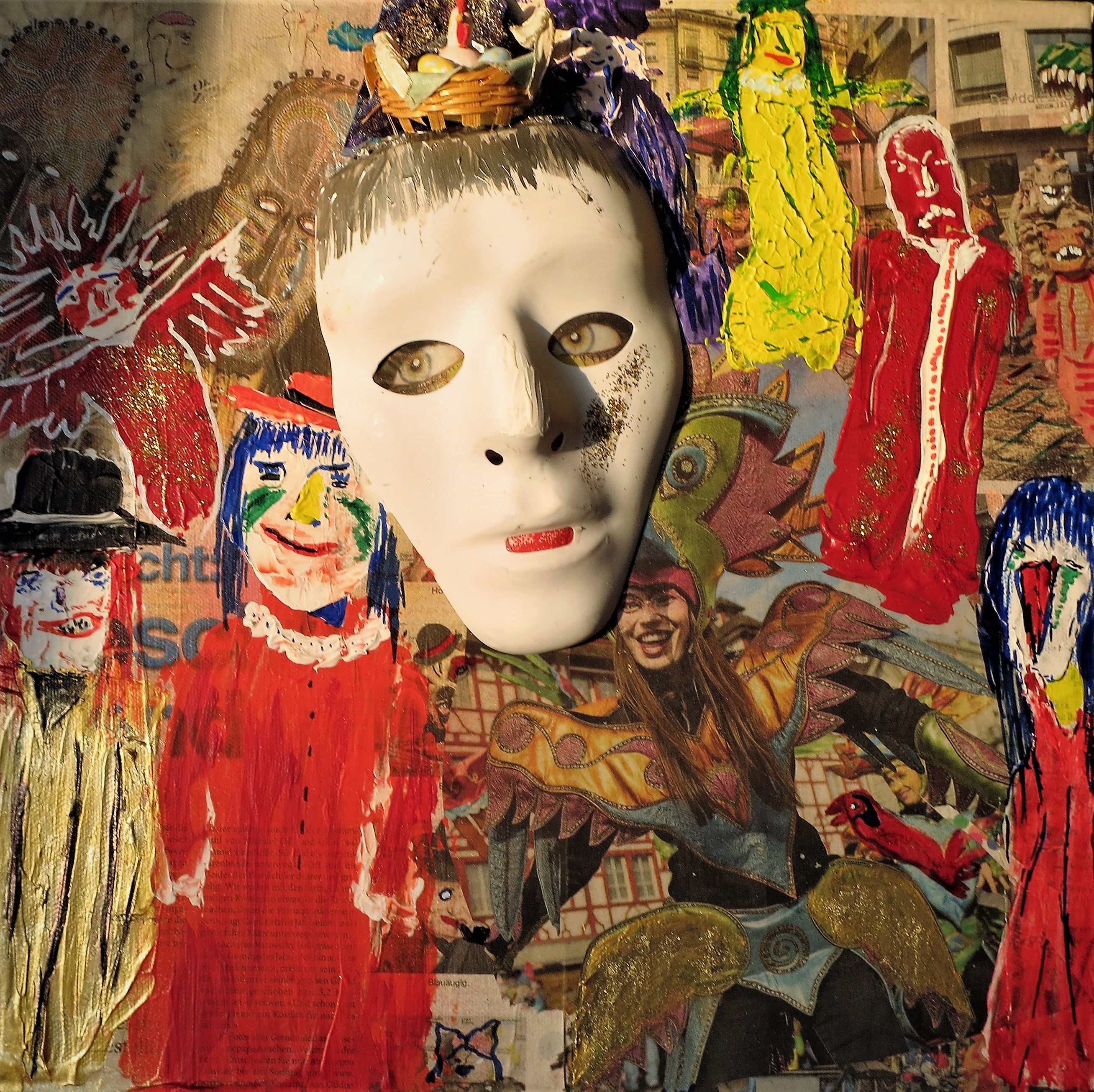 Fasnacht 2017. Collage auf Leinwand mit Zeitungspapier 40 x 40 cm