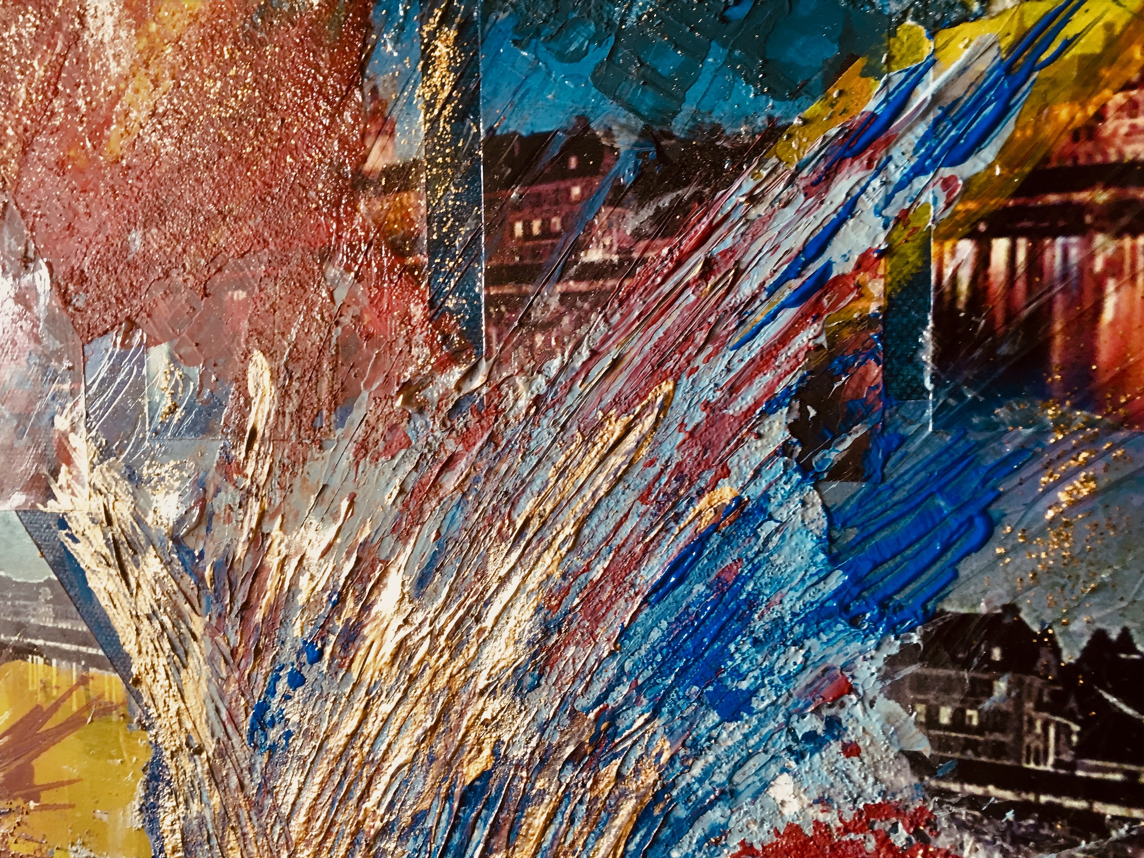 Feuerwerk Luzern Collage mit Fotos und Acryl auf Leinwand 40 x 30 cm