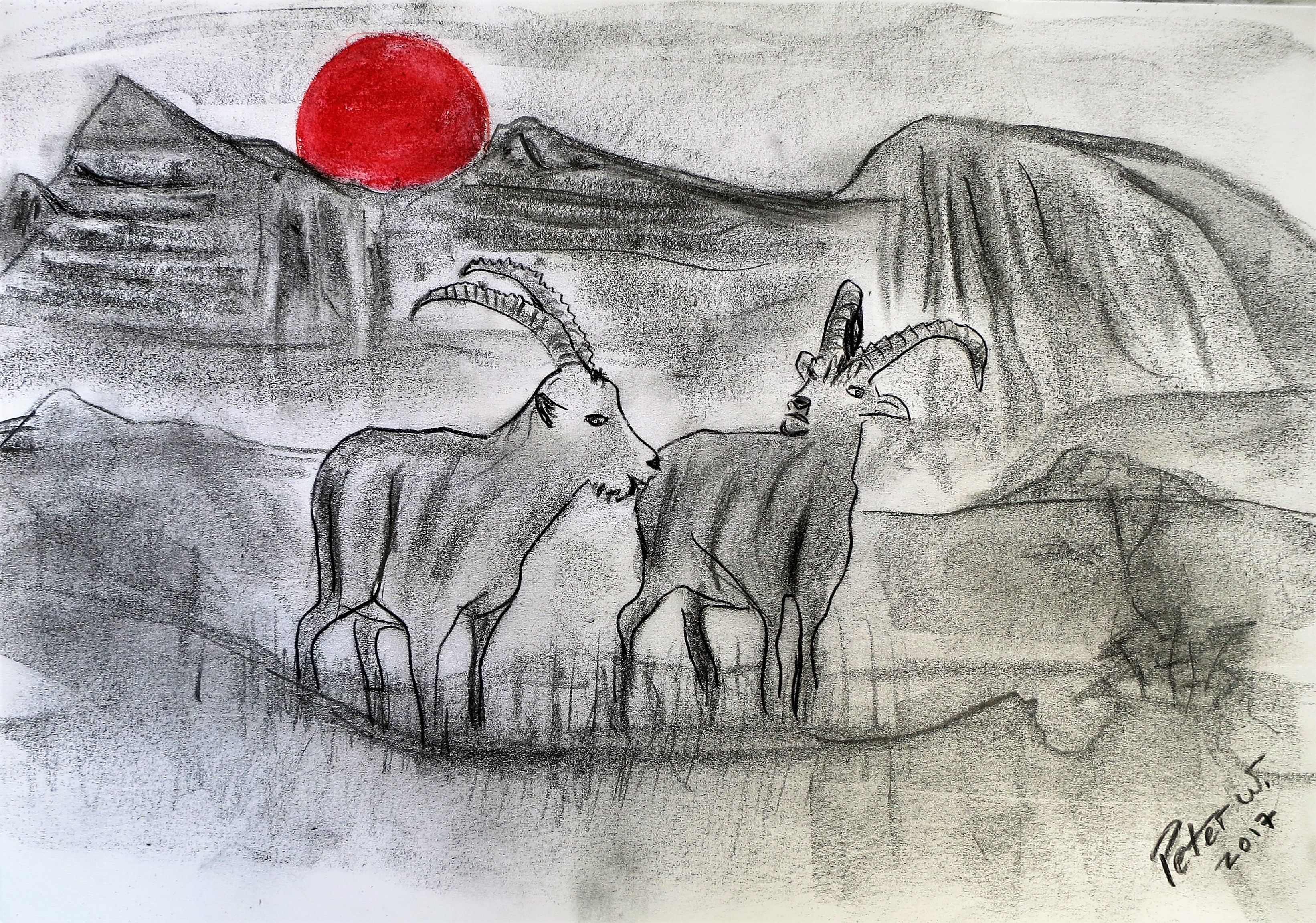 Gian und Giachen im Calanda Land. Graphit und Neocolor auf Papier 40 x