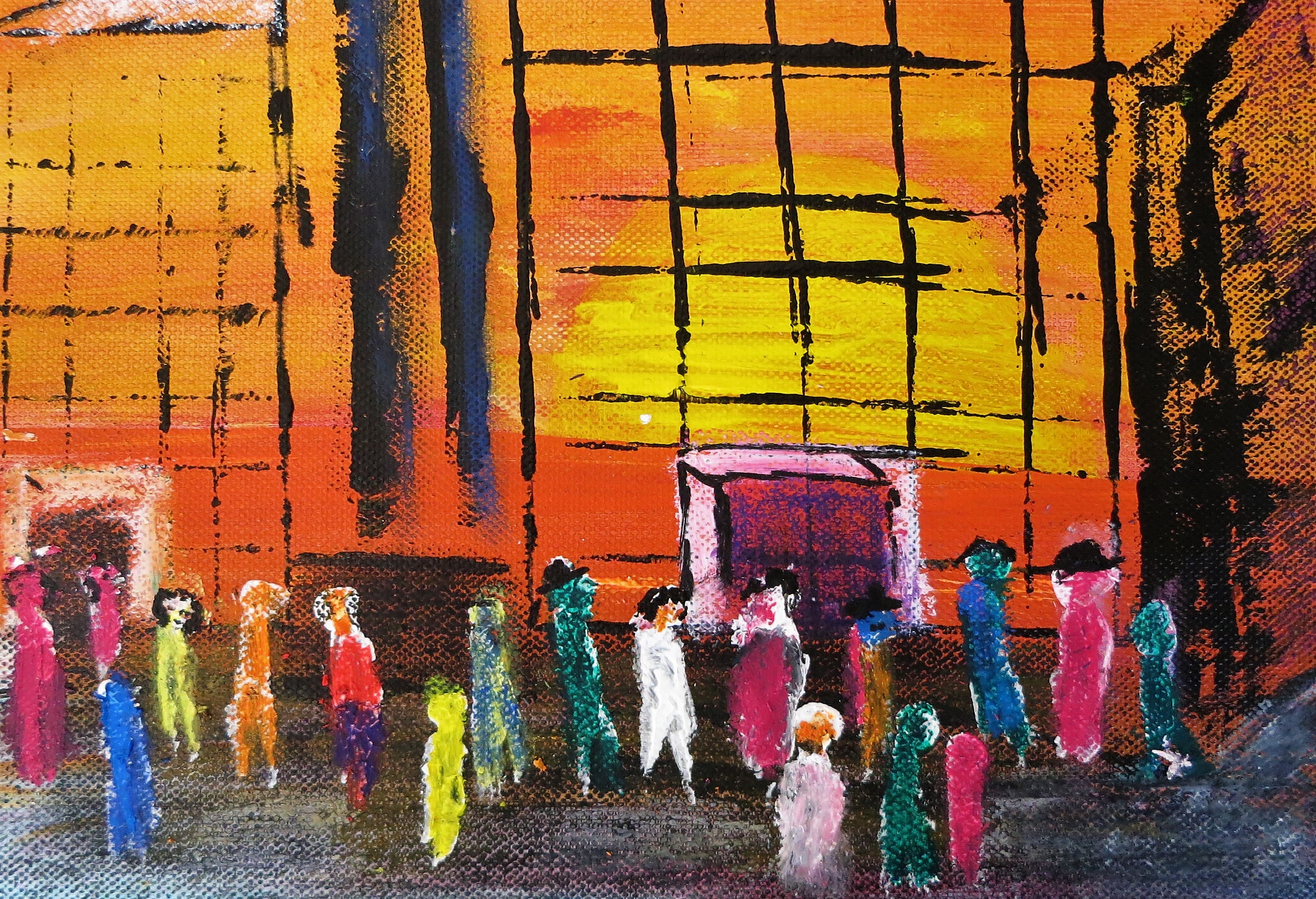 Glashaus mit Sonnenuntergang Acryl auf Papier 18 x 25 cm