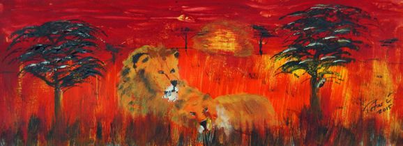 Löwenpaar in der Savanne. 2015 Acryl auf Holz 30 x 70 cm (Nicloe Loche