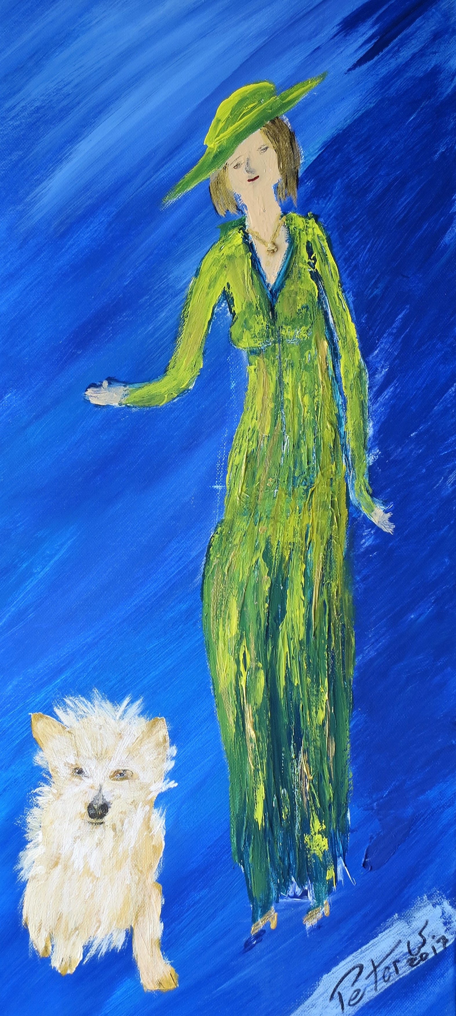 Lady with doggy. Acryl auf Leinwand. 70 x 30 cm
