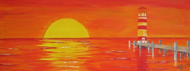 Sonnenuntergang mit Leuchturm 2017 Acryl auf Leineand 100 x 40 cm  (ve